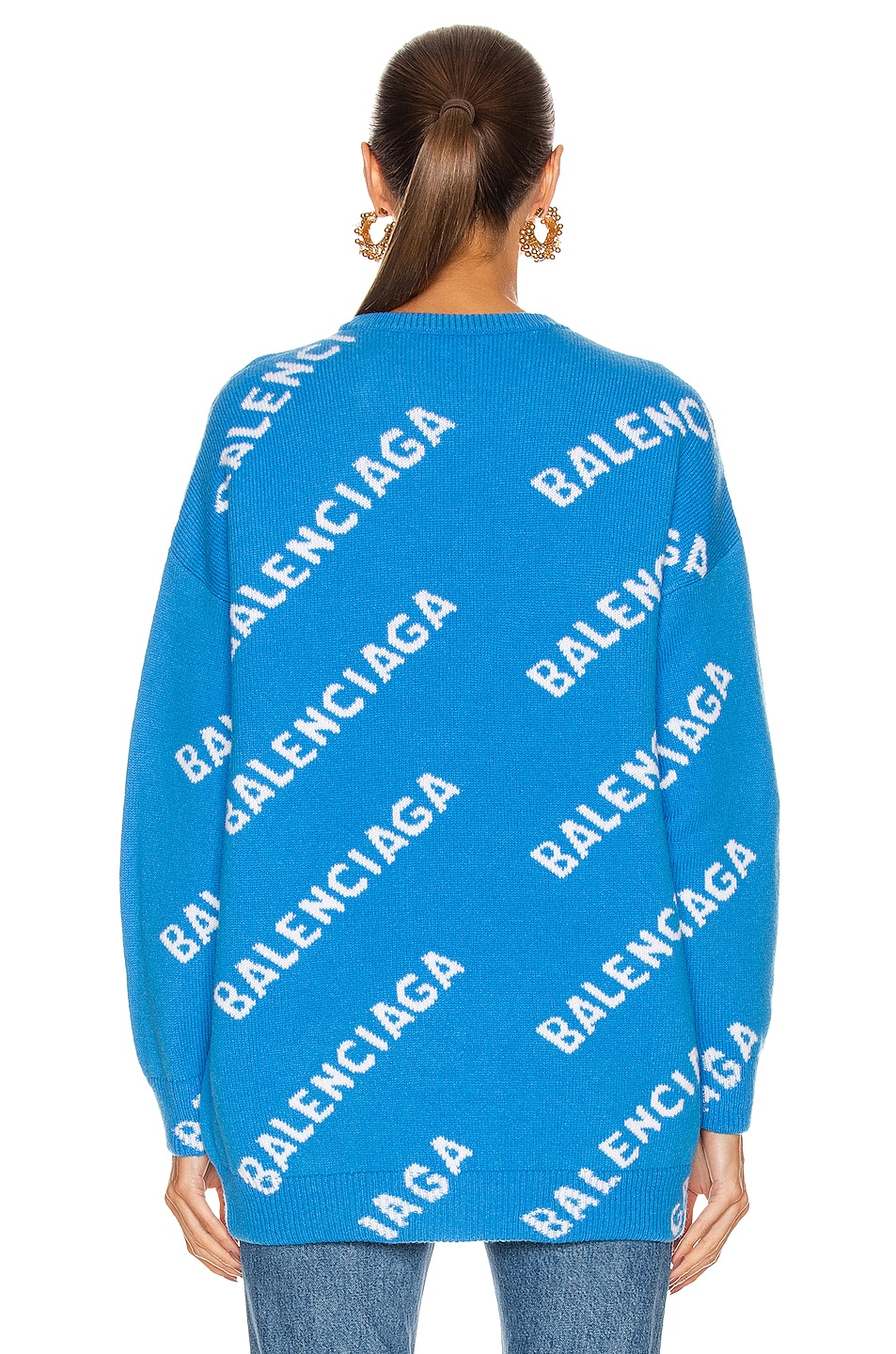 Balenciaga Long Sleeve Crew Neck Logo Sweater in Screen Blue & White | FWRD