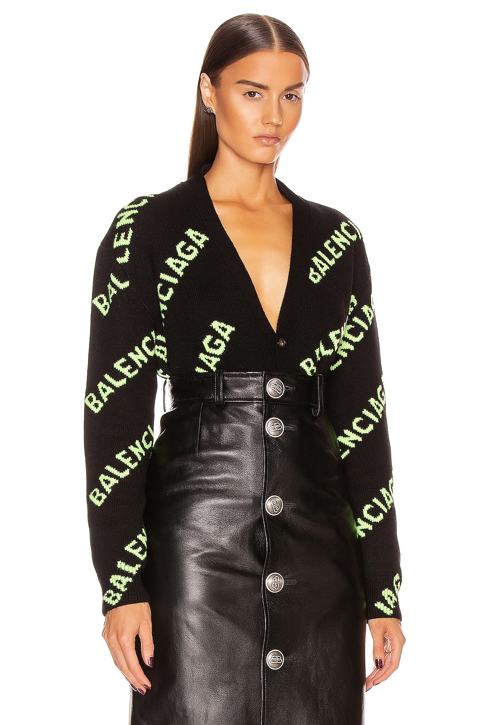 Image 1 of Balenciaga Long Sleeve Logo Cardigan in Black & Acid Green
