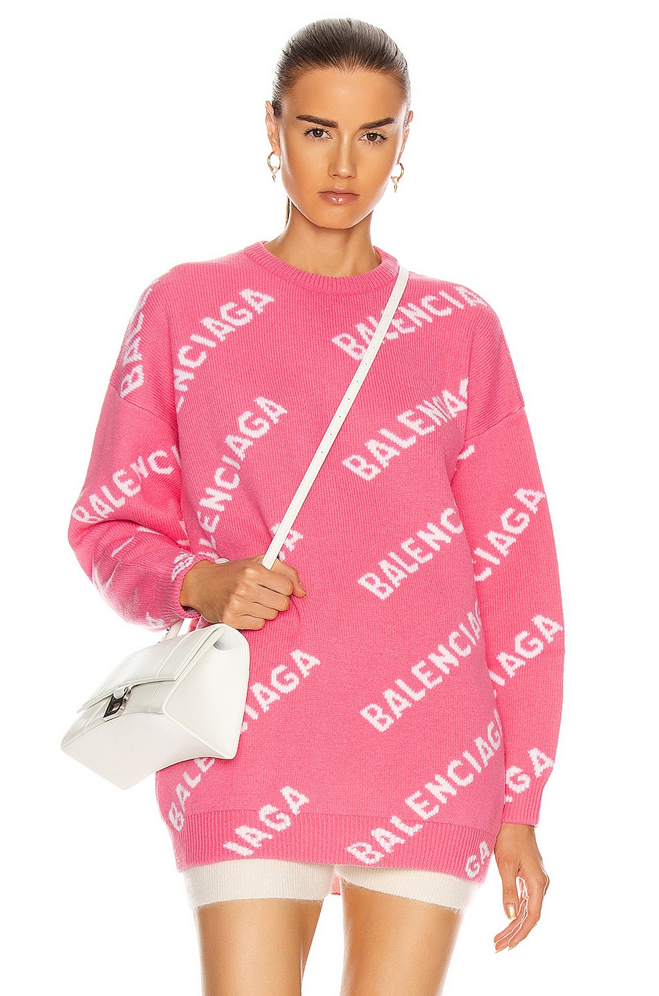 Image 1 of Balenciaga Long Sleeve Logo Sweater in Pink & White