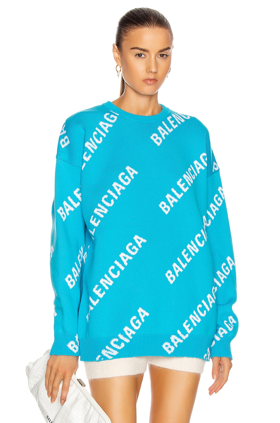 Image 1 of Balenciaga Long Sleeve Logo Sweater in Turquoise & White