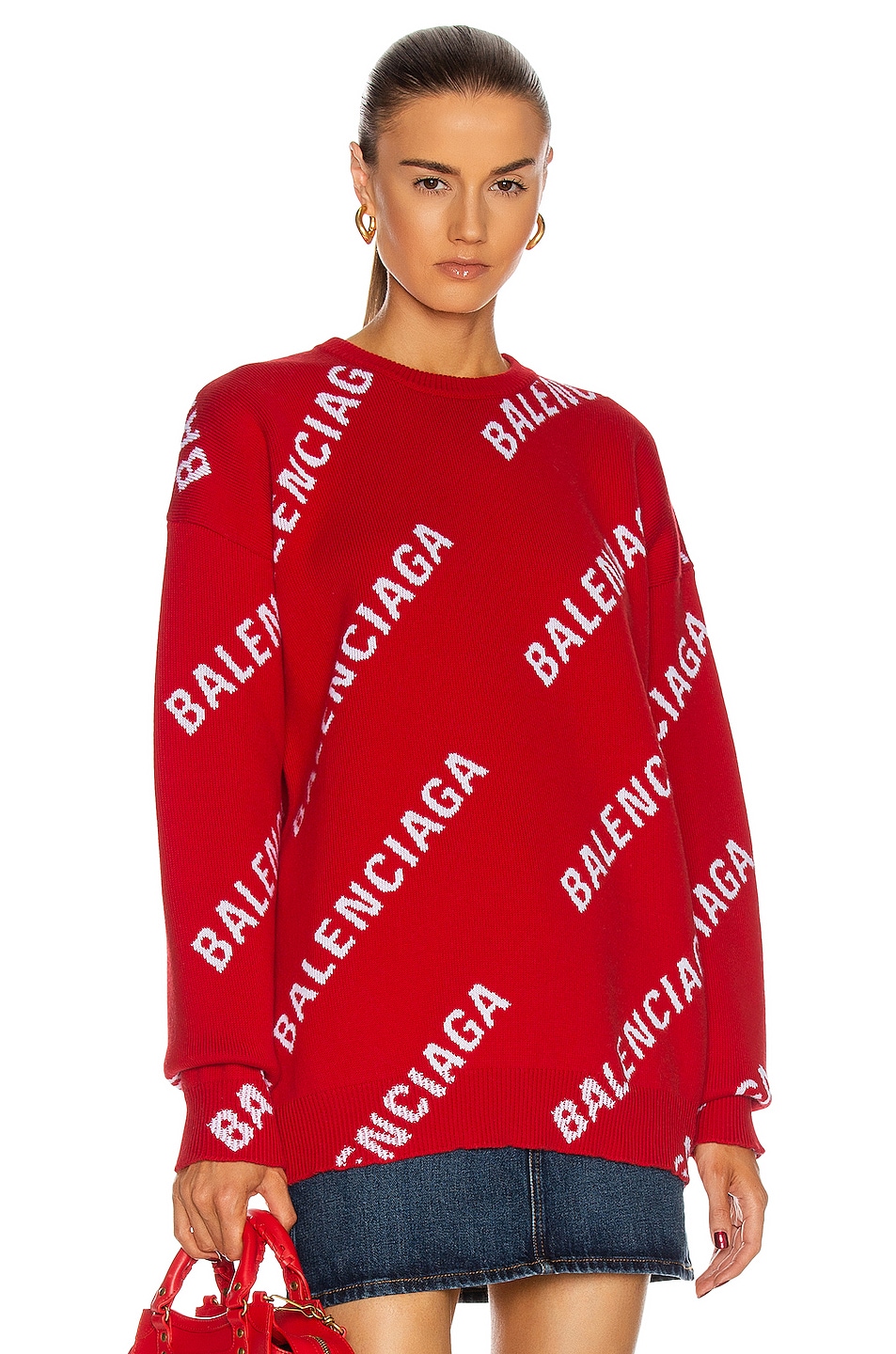 Balenciaga Long Sleeve Logo Crew Neck Sweater in Red & White | FWRD