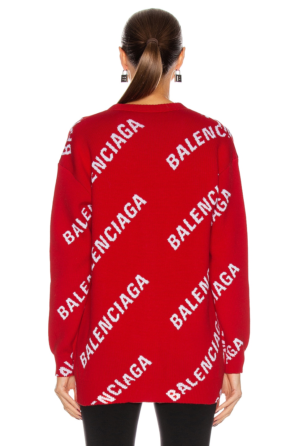 Balenciaga Long Sleeve Logo Cardigan in Red & White | FWRD