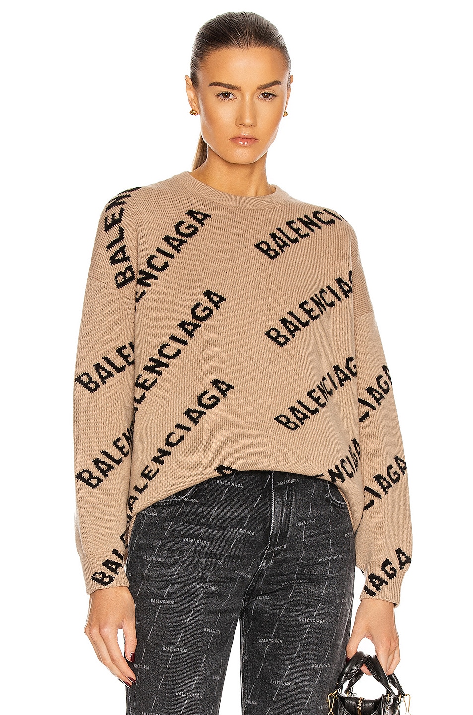 Image 1 of Balenciaga Long Sleeve Crewneck Logo Sweater in Beige & Black