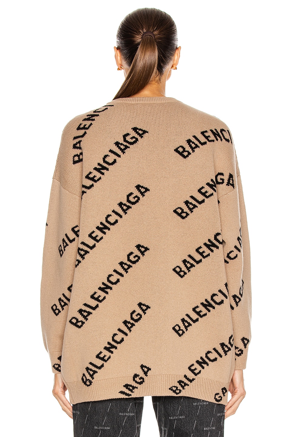 Balenciaga Long Sleeve Crewneck Logo Sweater in Beige & Black | FWRD