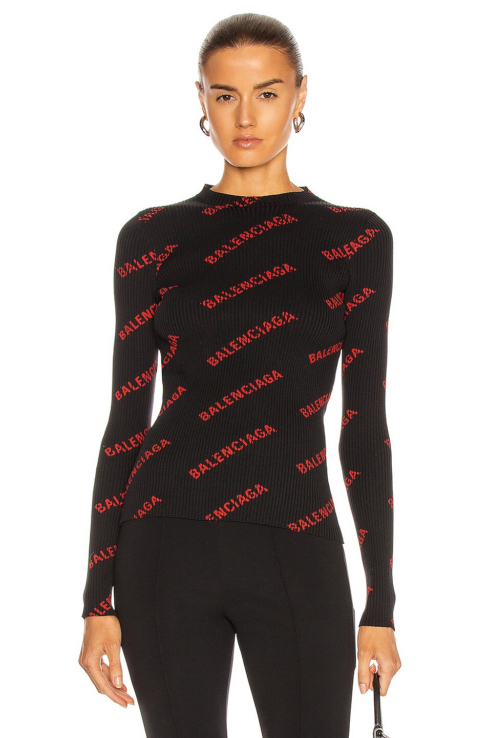 Balenciaga Long Sleeve Crewneck Sweater in Black & Red | FWRD