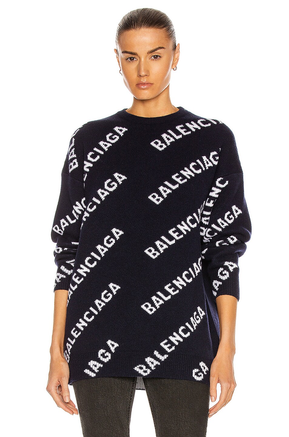 Image 1 of Balenciaga Long Sleeve Logo Crewneck Sweater in Navy & White