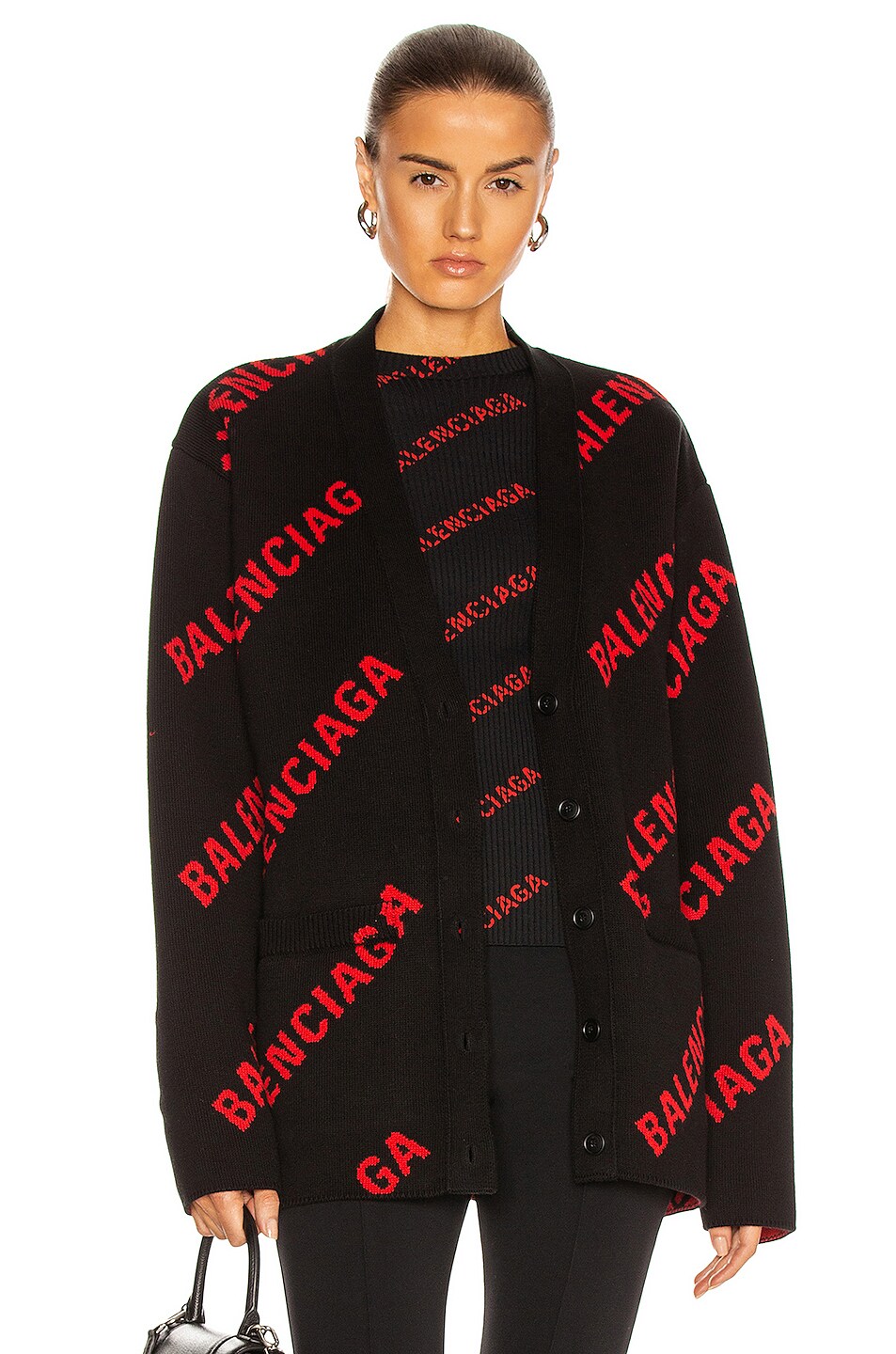 Image 1 of Balenciaga Long Sleeve Logo Cardigan in Black & Red