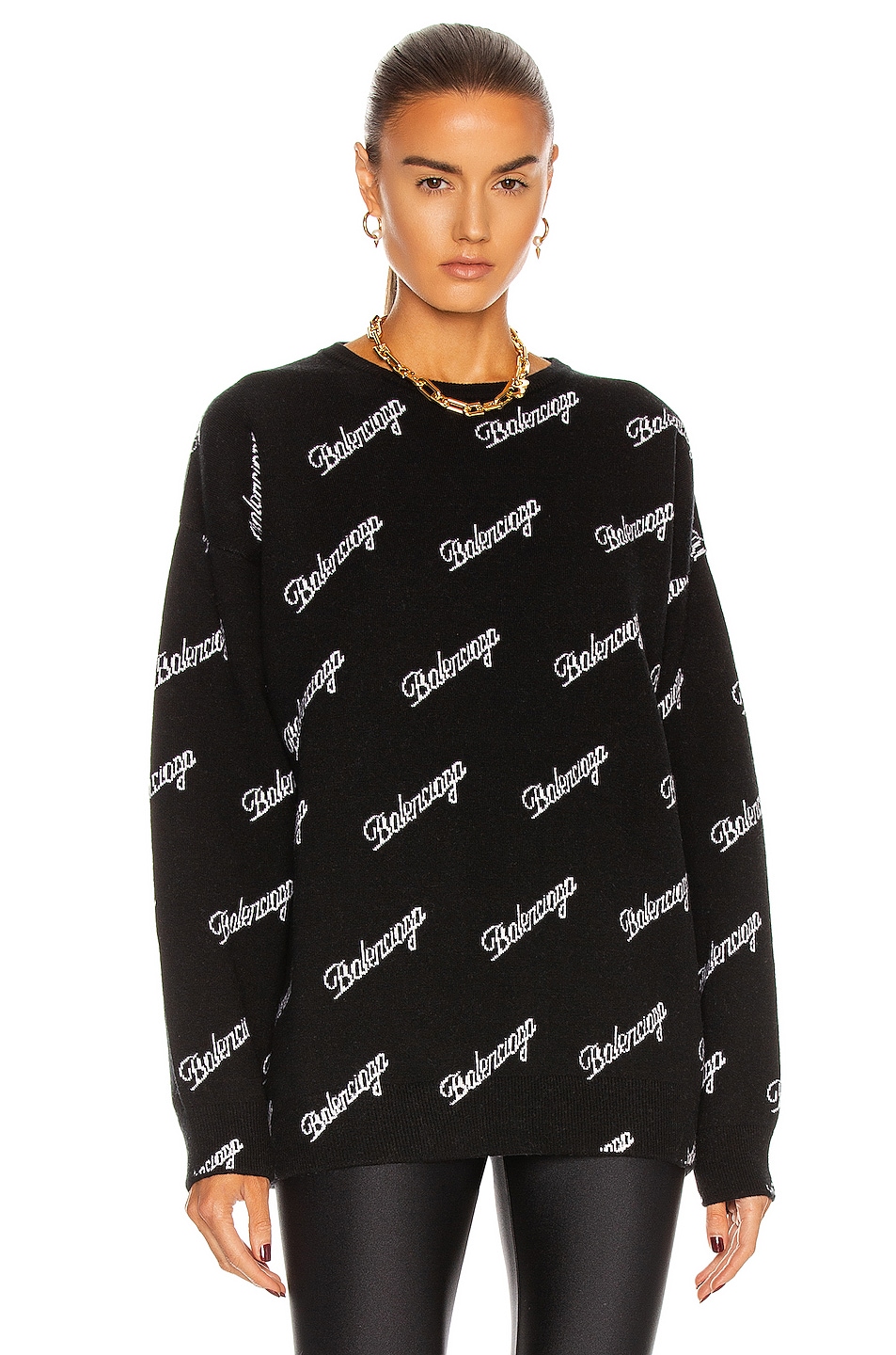 Balenciaga Long Sleeve Logo Crewneck Sweater in Black & White | FWRD