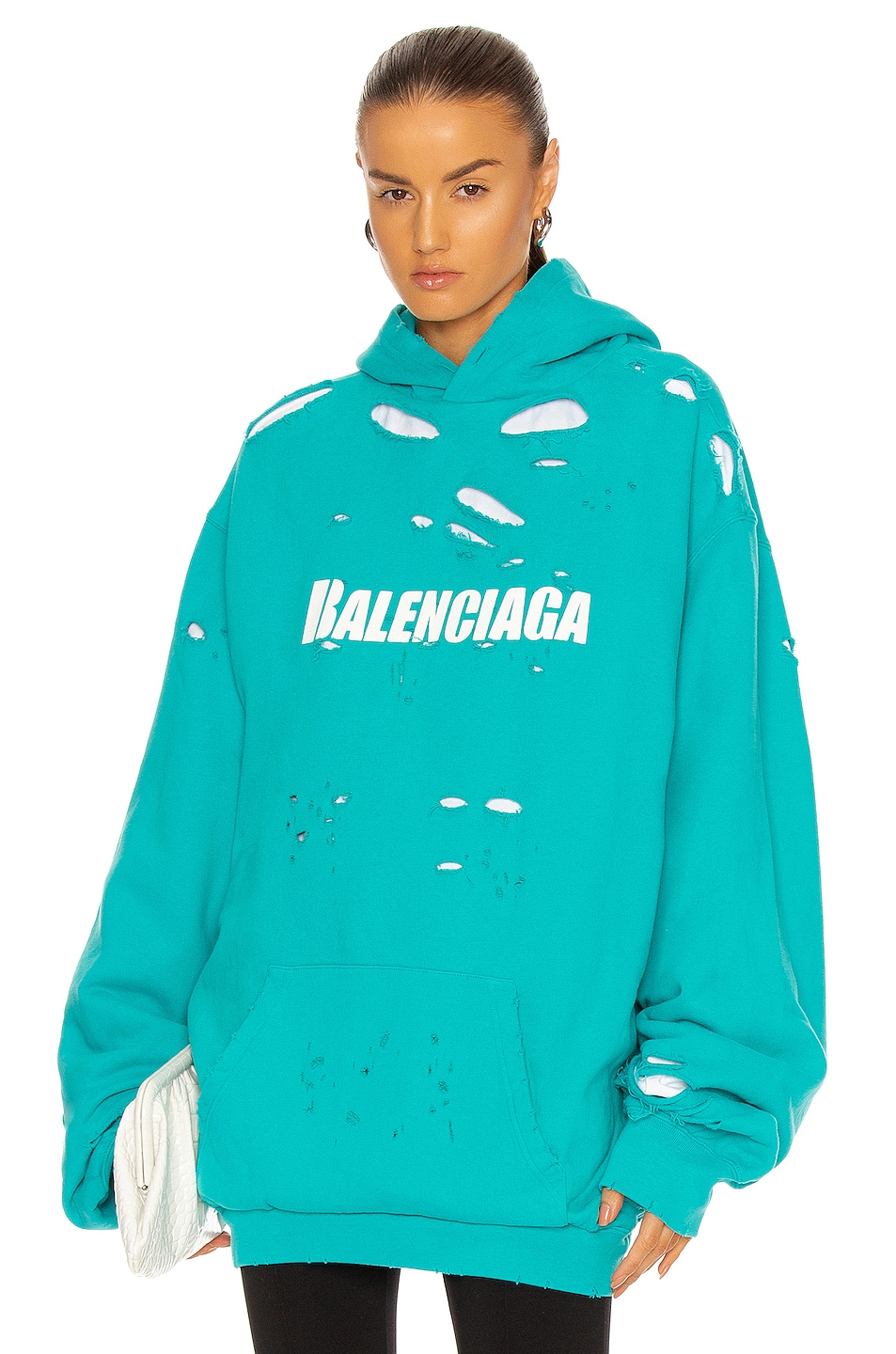 Image 1 of Balenciaga Destroyed Hoodie in Turquoise & White