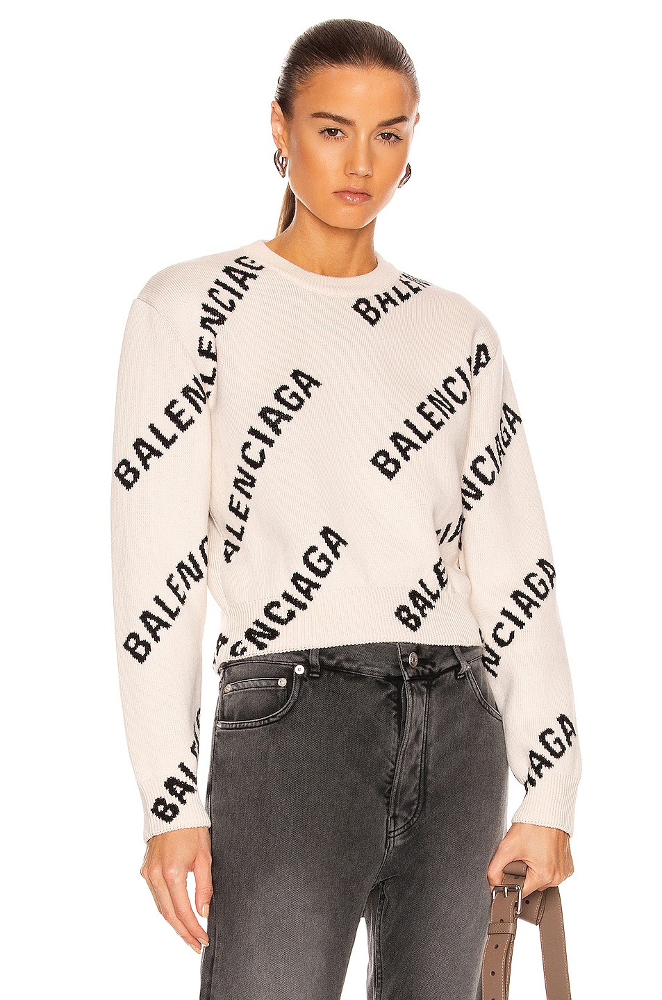 Image 1 of Balenciaga Long Sleeve Crop Crewneck Sweater in Chalky White & Black