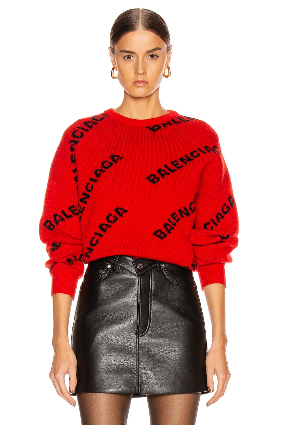 Balenciaga Long Sleeve Logo Crew Neck Sweater in Red & Black | FWRD
