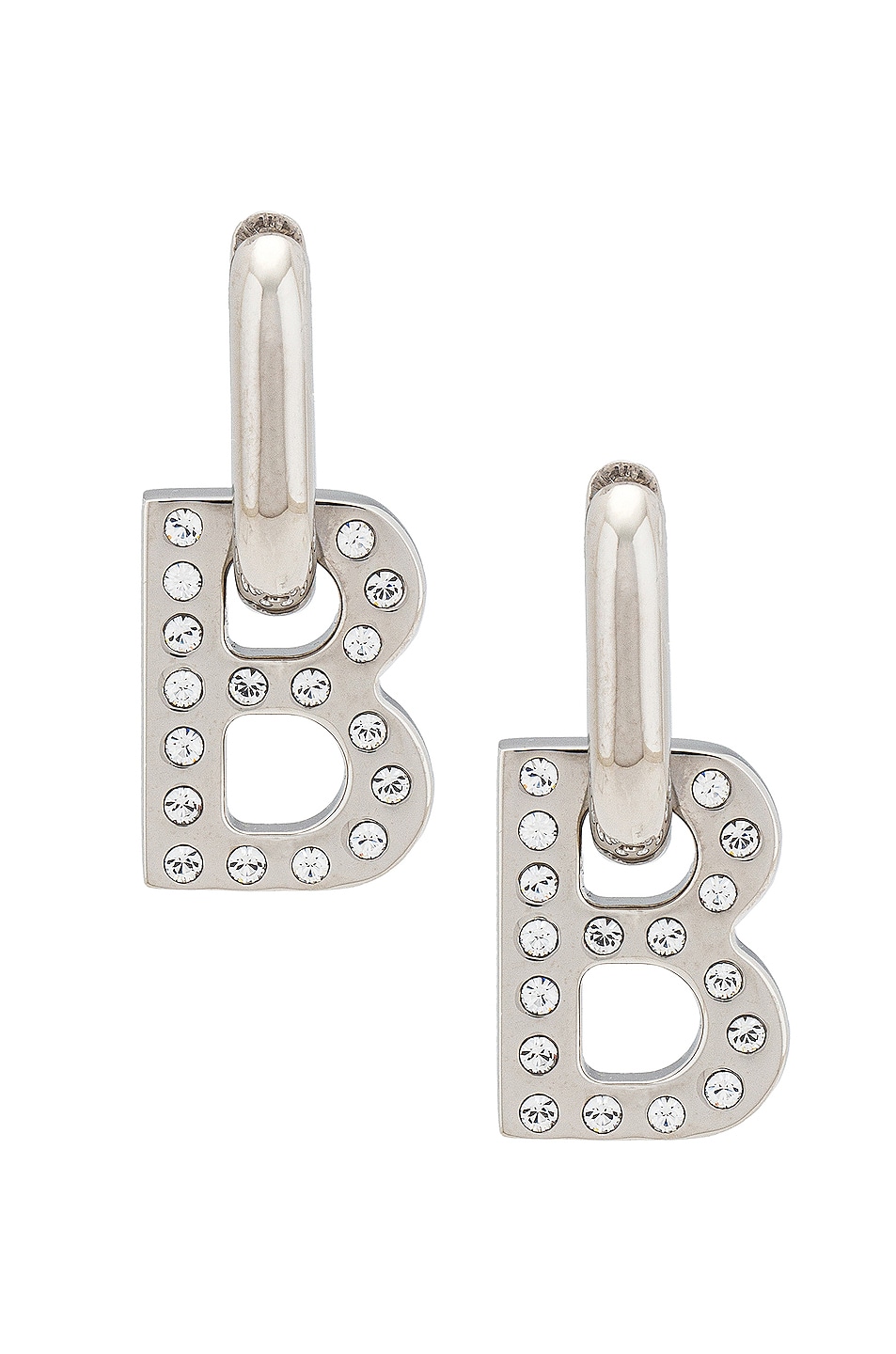 Image 1 of Balenciaga XS B Chain Earrings in Shiny Silver & Crystal