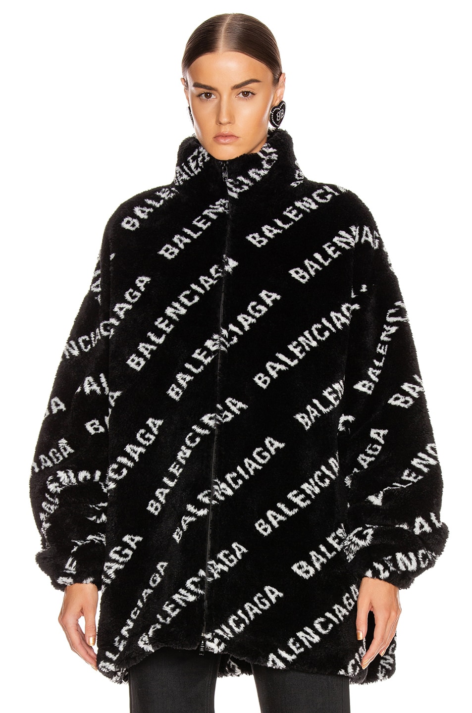 Balenciaga Fluffy Logo Zip Up Jacket in Black & White | FWRD