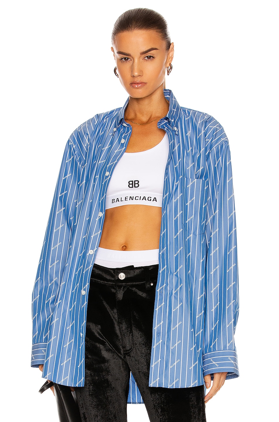 Image 1 of Balenciaga Long Sleeve Large Fit Shirt in Blue & White