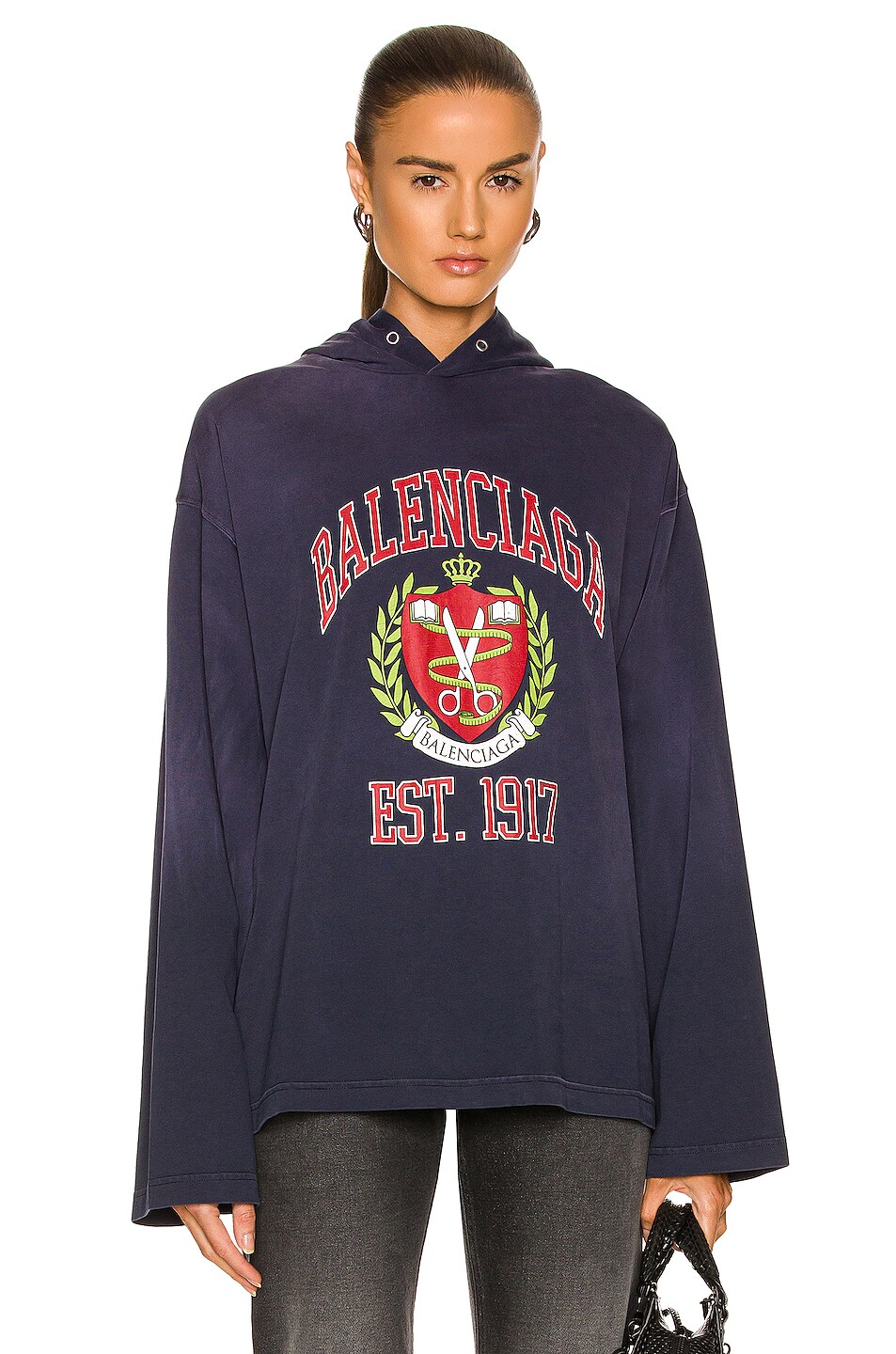 Image 1 of Balenciaga Hooded Long Sleeve T-Shirt in Marine Blue & Red