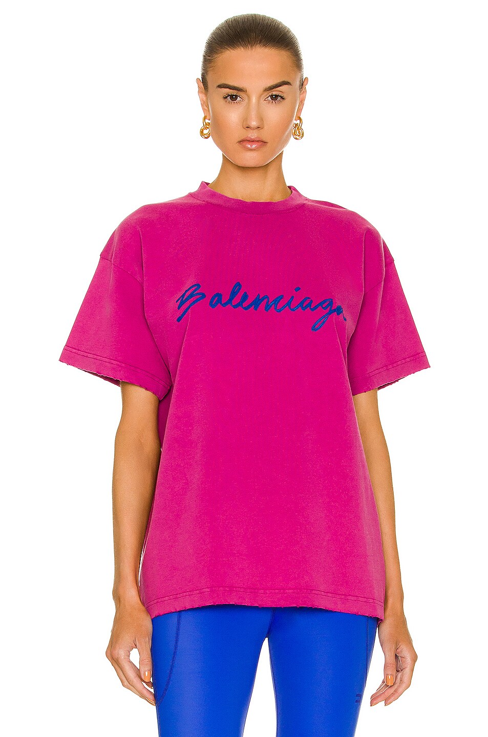 Image 1 of Balenciaga Brush Print Medium Fit T-Shirt in Dark Fuchsia & Blue