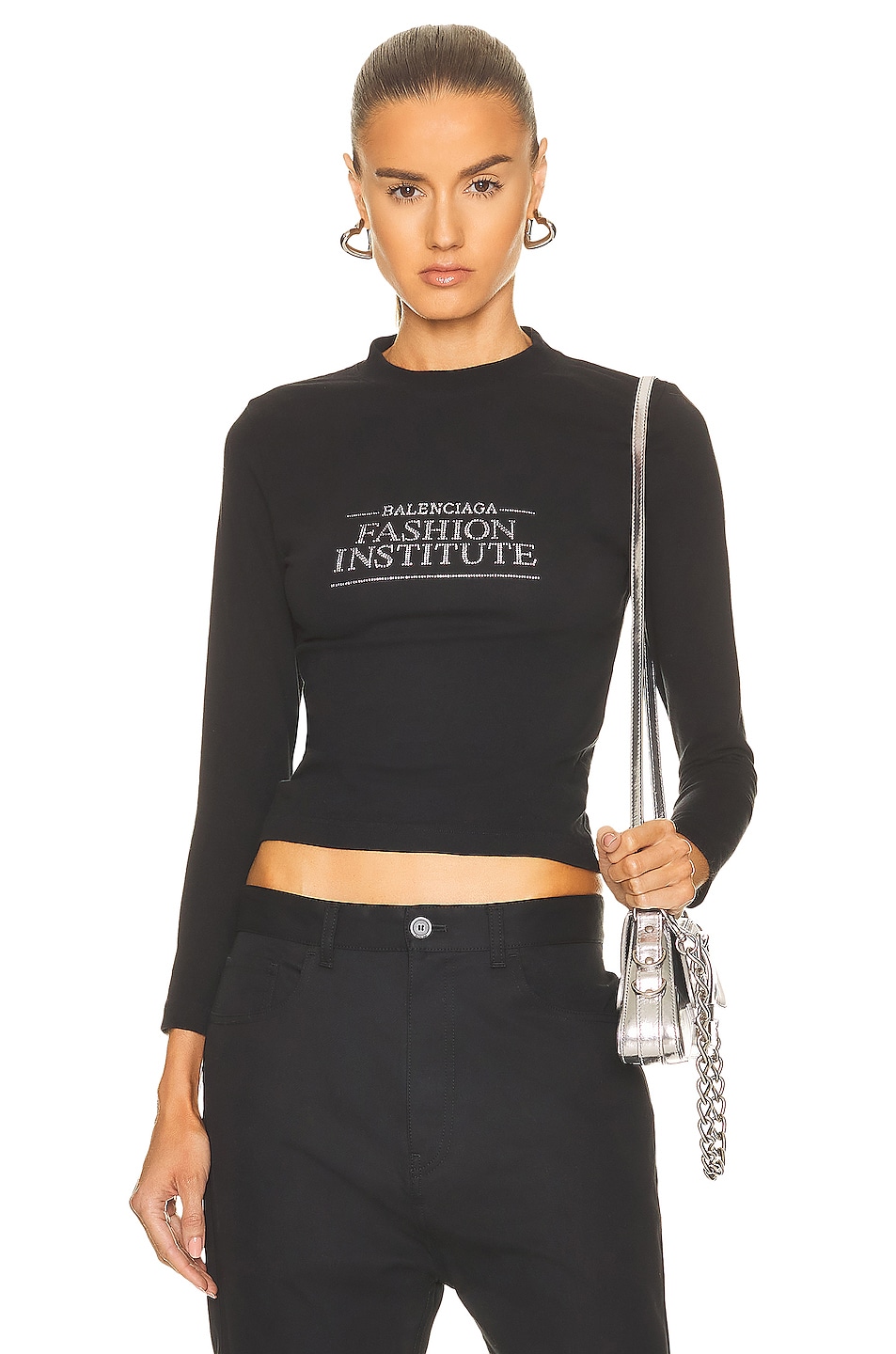 Image 1 of Balenciaga Fashion Institute Fitted Long Sleeve T-Shirt in Black & Silver Strass