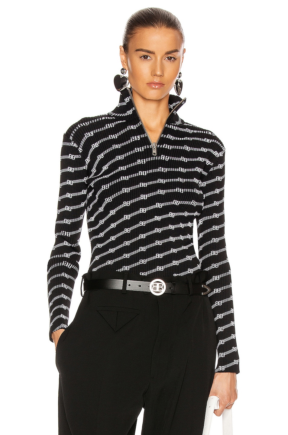Balenciaga Long Sleeve Zipped Rollneck Top in Black & White | FWRD