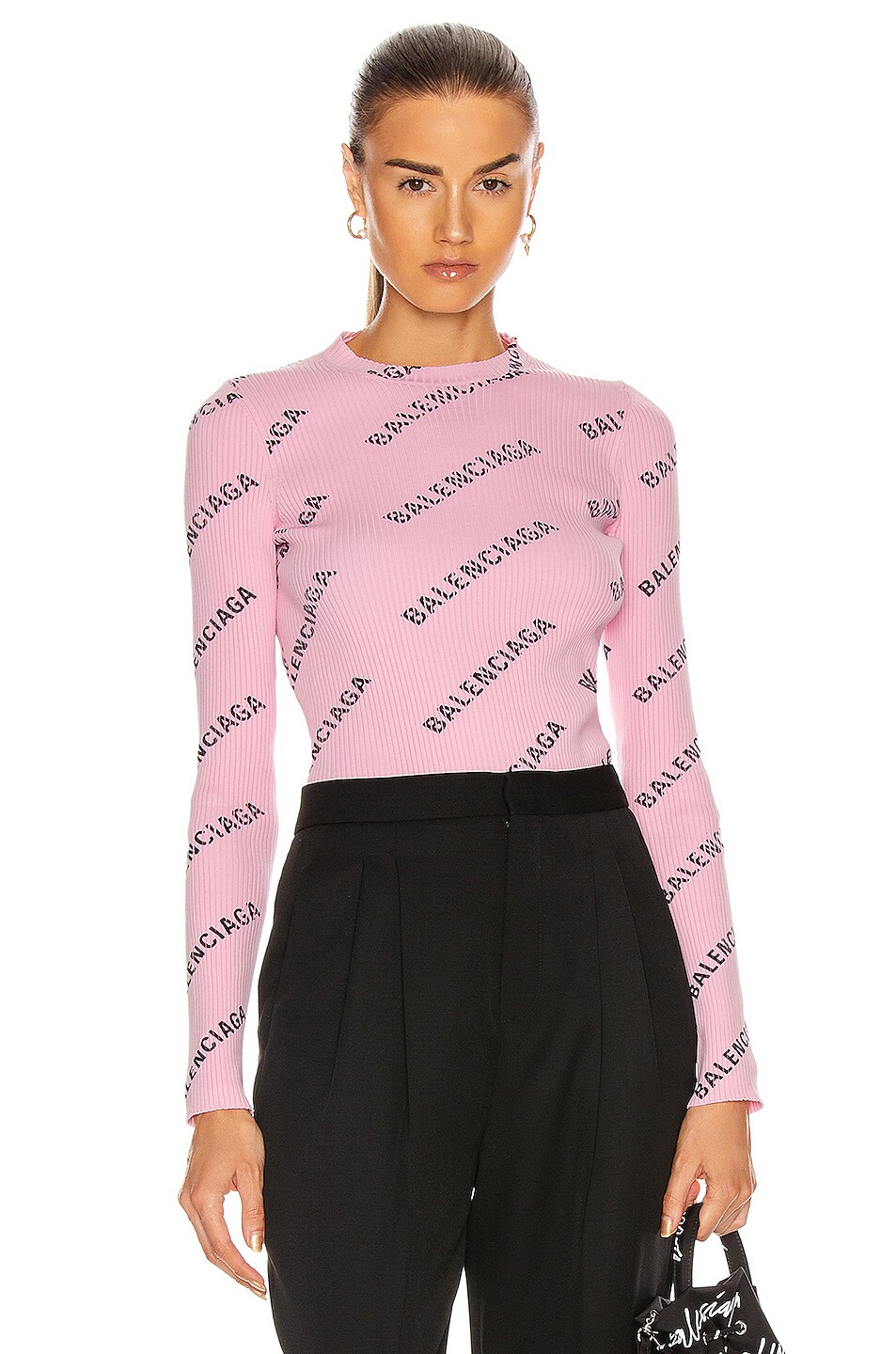 Image 1 of Balenciaga Long Sleeve Logo Top in Light Pink & Black