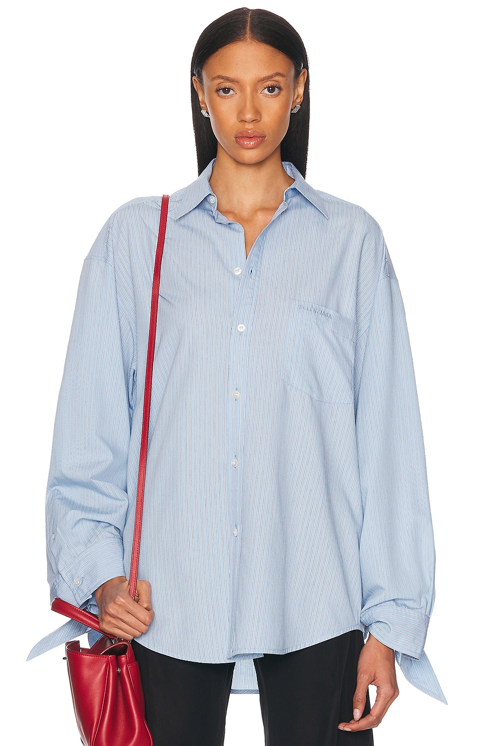 Image 1 of Balenciaga Knotted Cuff Blouse in Sky Blue & White