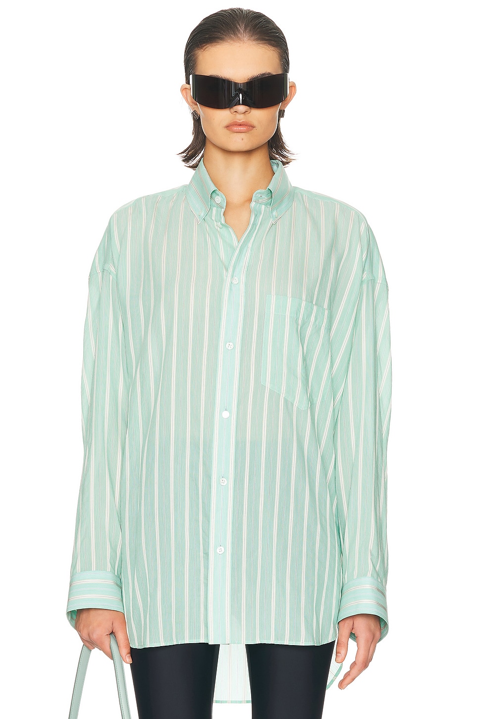 Image 1 of Balenciaga Long Sleeve Cocoon Shirt in Green & White