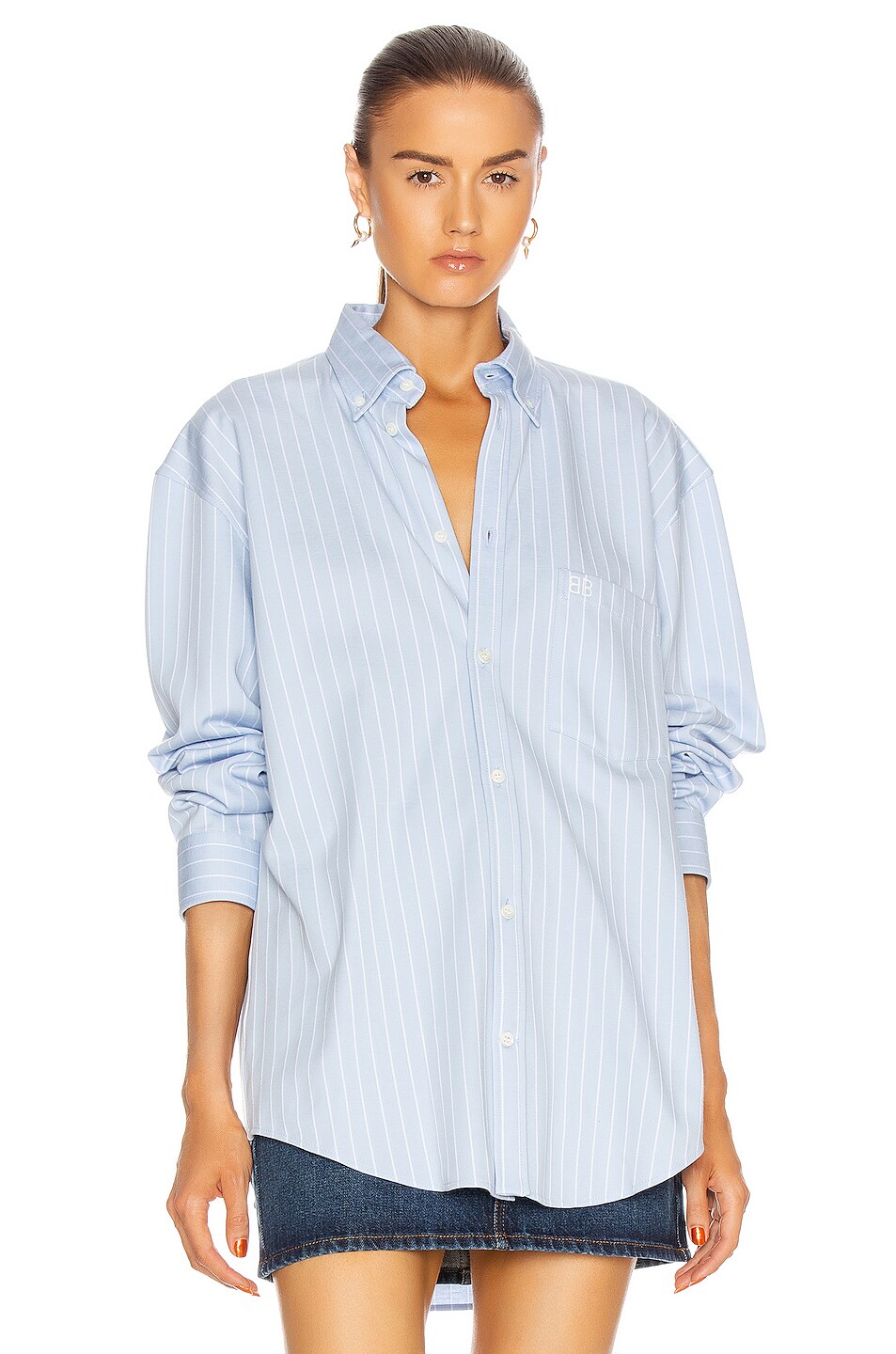Balenciaga Long Sleeve Large Shirt in Sky Blue & White | FWRD