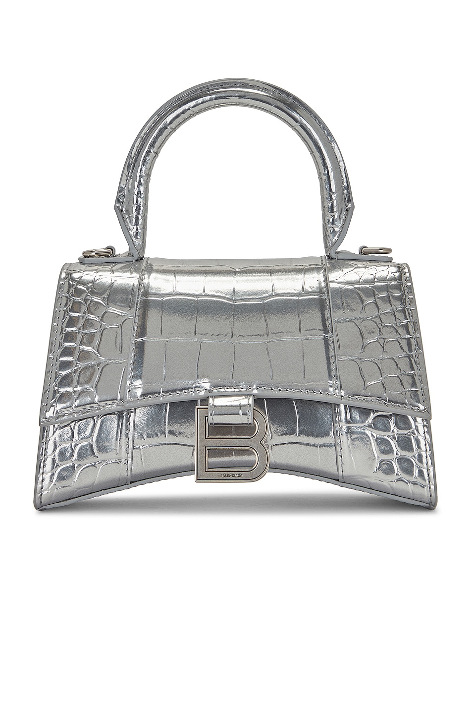 XS Hourglass Top Handle Bag in Metallic Silver