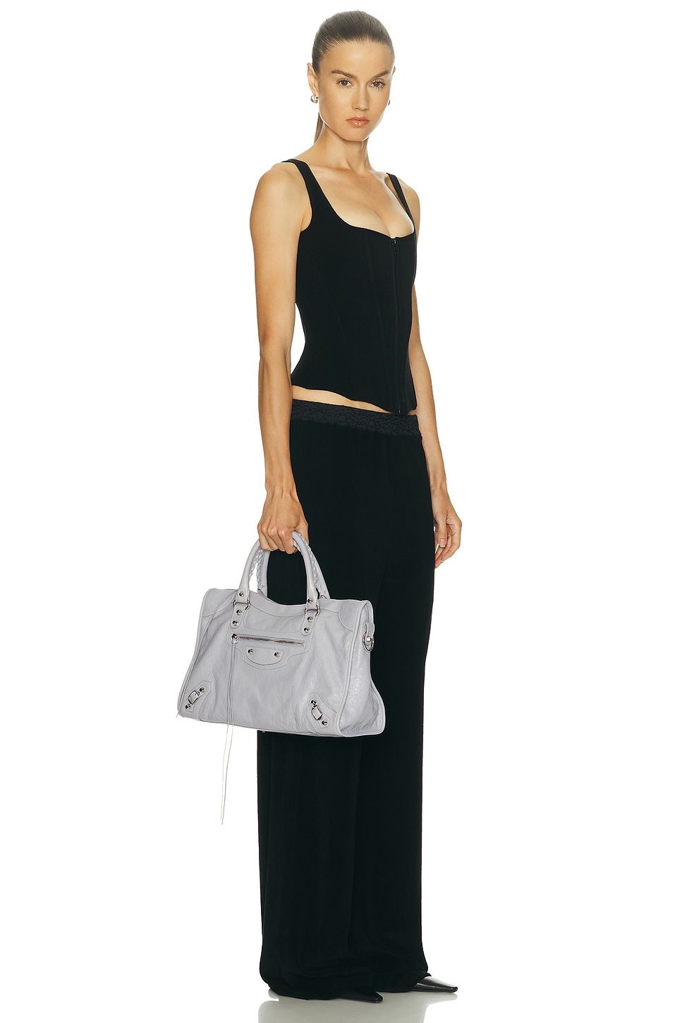 Balenciaga Structured Grey Leather Handbag With Dual Handles In Gray