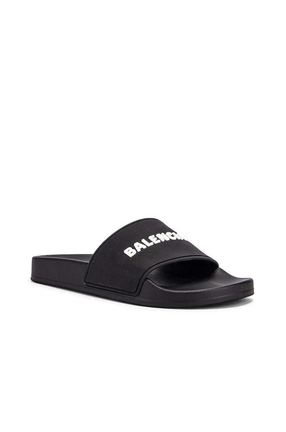 Balenciaga Rubber Logo Pool Slides in Black & White | FWRD