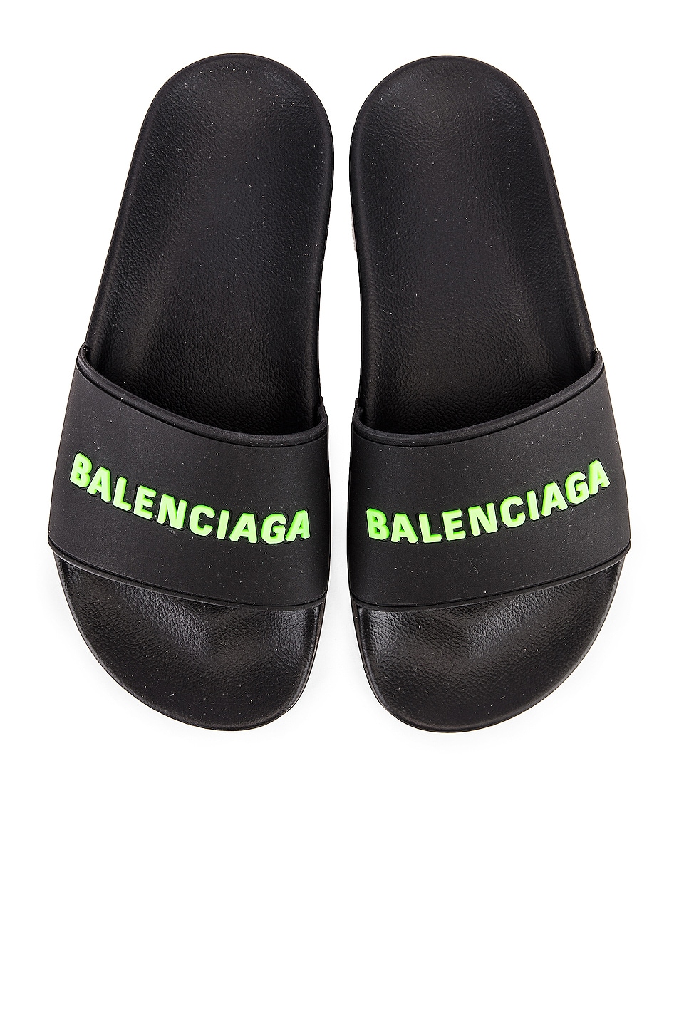 Image 1 of Balenciaga Rubber Logo Pool Slides in Black & Fluo Green