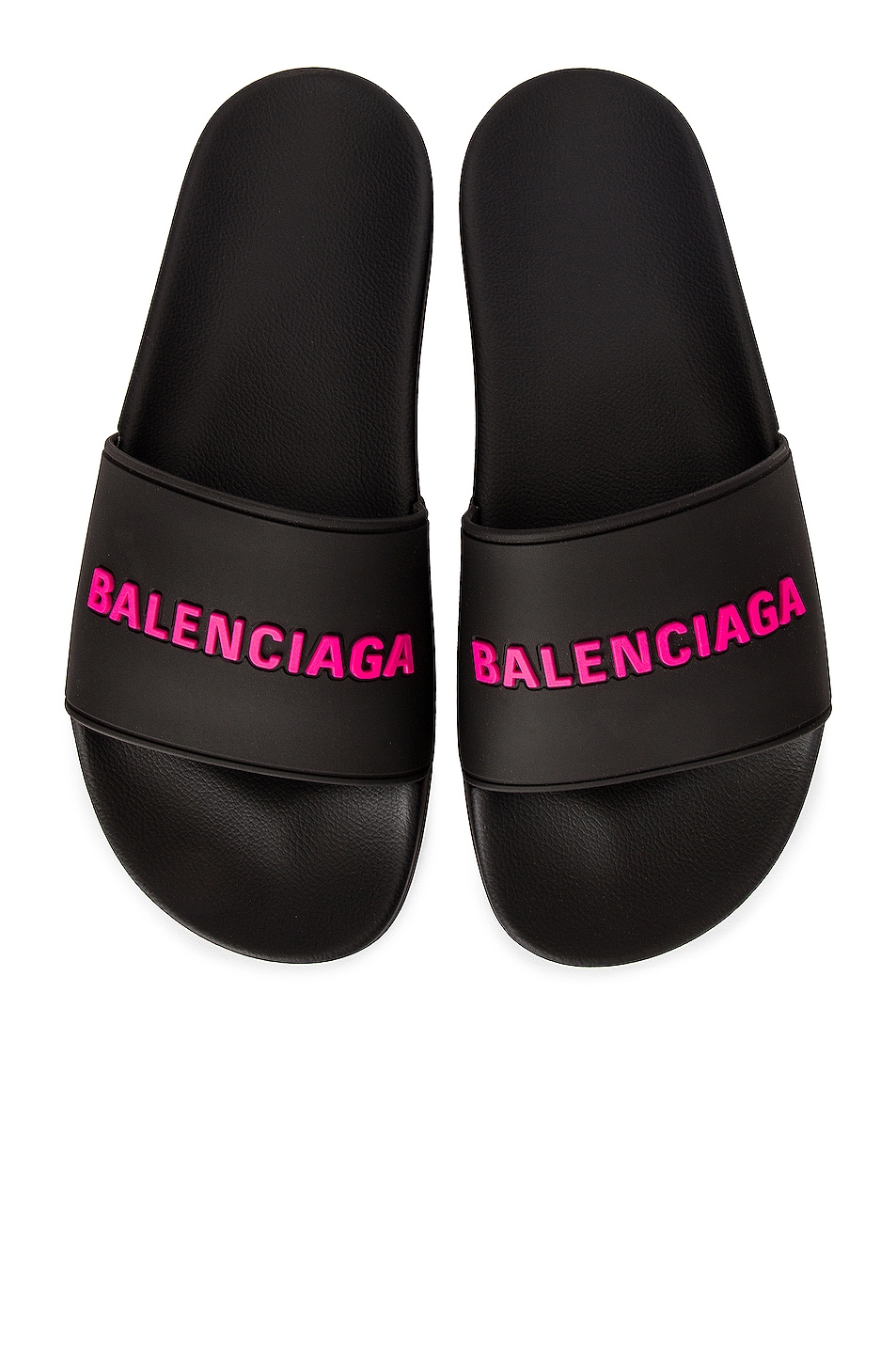 Image 1 of Balenciaga Rubber Logo Pool Slides in Black & Fuchsia