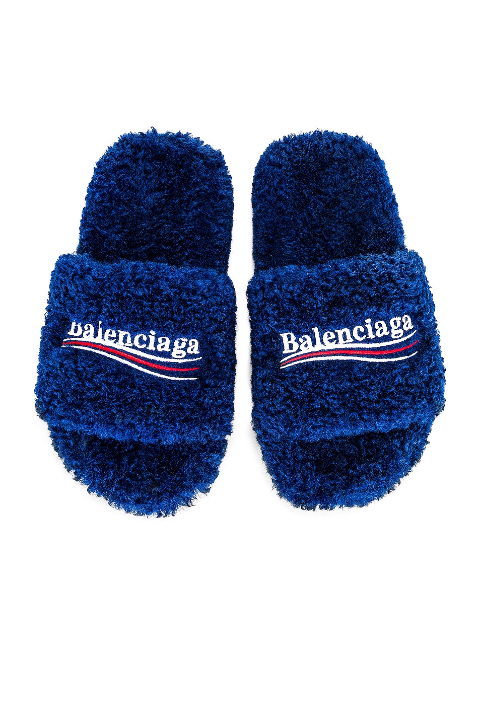 Image 1 of Balenciaga Furry Slippers in Blue & White & Red