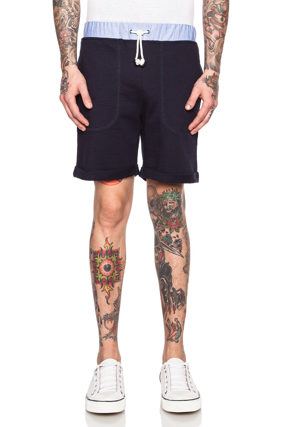 Image 1 of Band of Outsiders Woven Waistband Cotton Knit Shorts in Navy