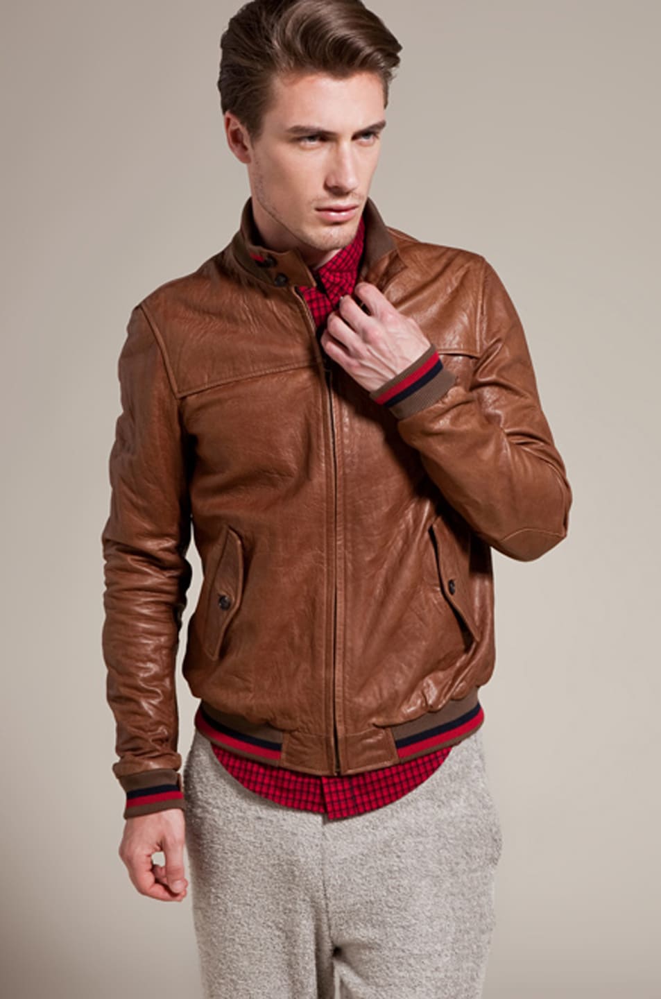 Image 1 of Band of Outsiders Leather Harrington Jacket in Antique Brown
