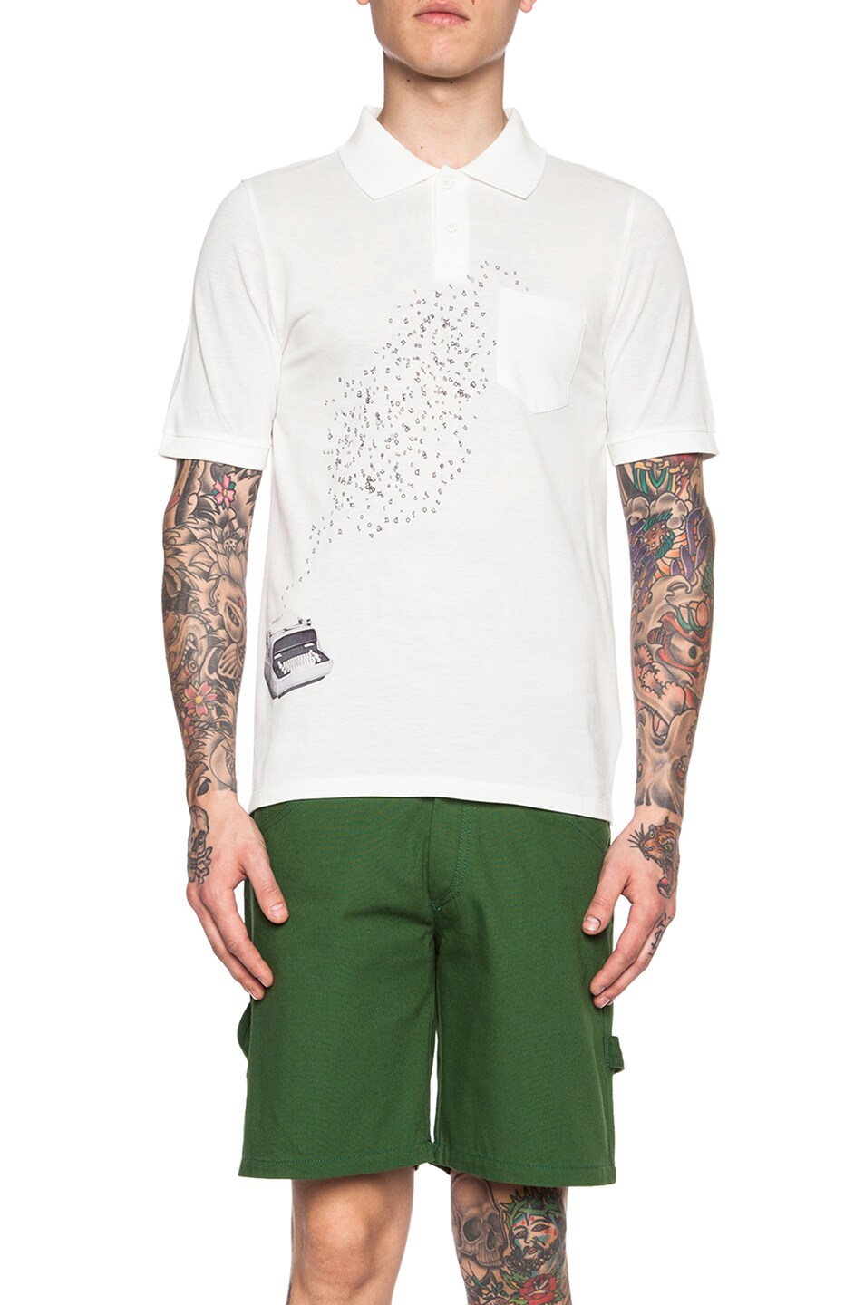 Image 1 of Band of Outsiders Typewriter Printed Cotton Polo in White Multi
