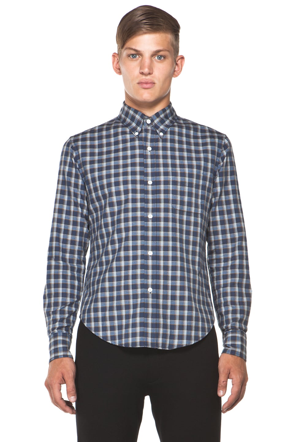Image 1 of Band of Outsiders Bordertown Plaid Button Down in China Blue