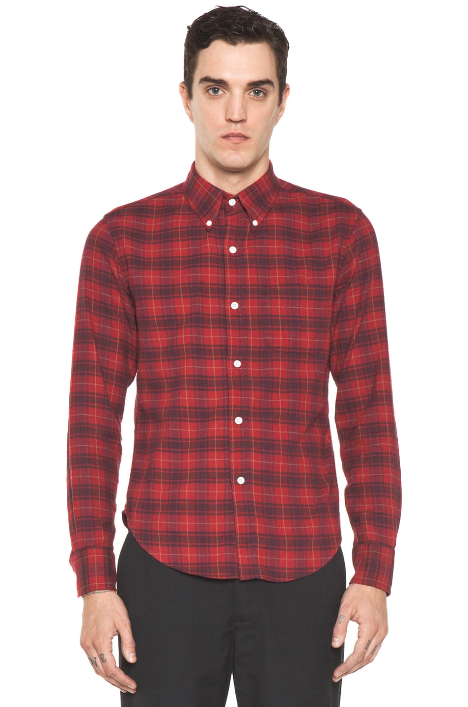 Image 1 of Band of Outsiders Plaid Flannel Button Down in Red