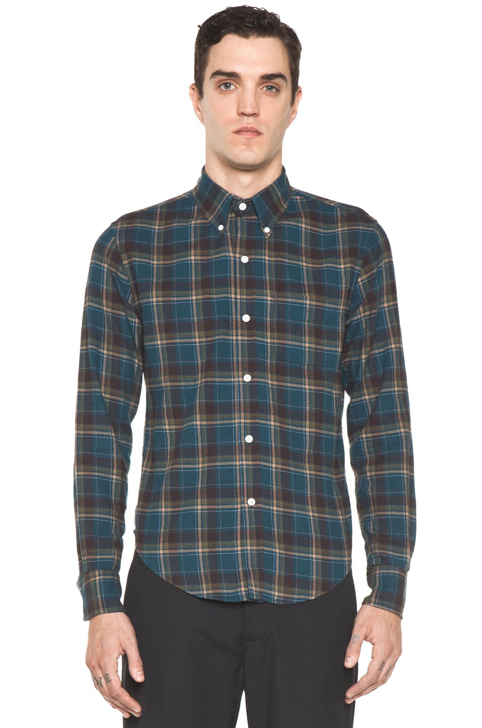 Image 1 of Band of Outsiders Flannel Button Down in Teal
