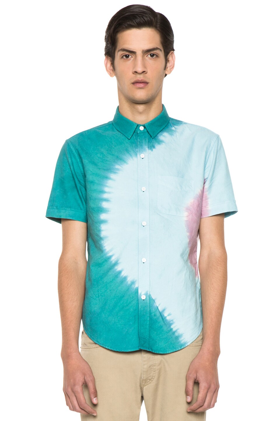 Image 1 of Band of Outsiders Engineered Rainbow Short Sleeve Shirt in Petrol
