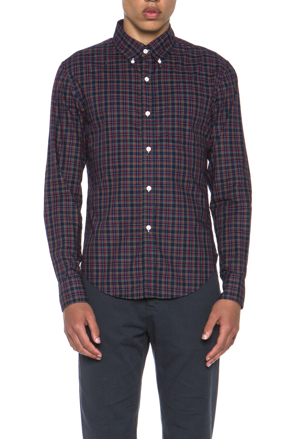 Image 1 of Band of Outsiders Seven Tartan Cotton Button Down Shirt in Navy