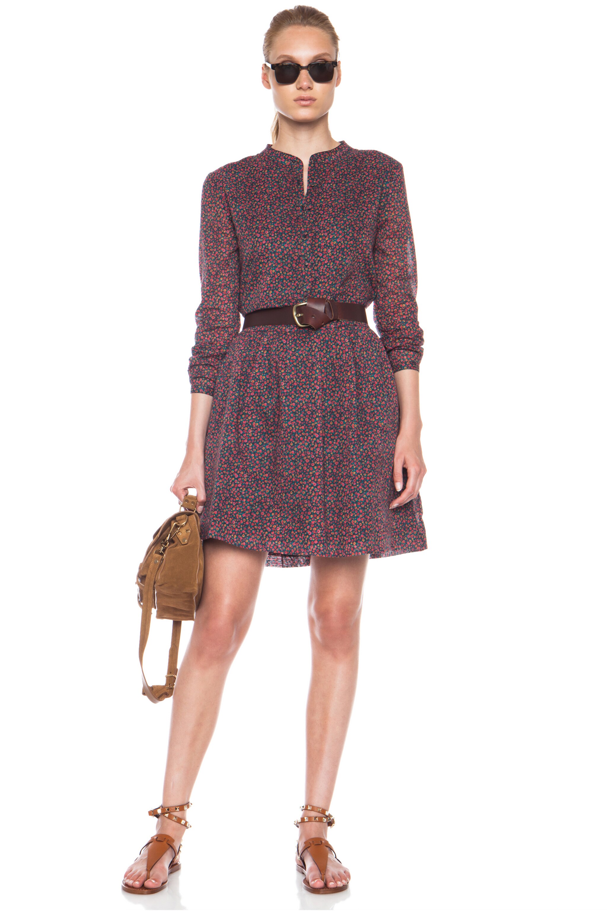 Image 1 of Band of Outsiders Mini Floral Shirt Cotton Dress in Red Multi