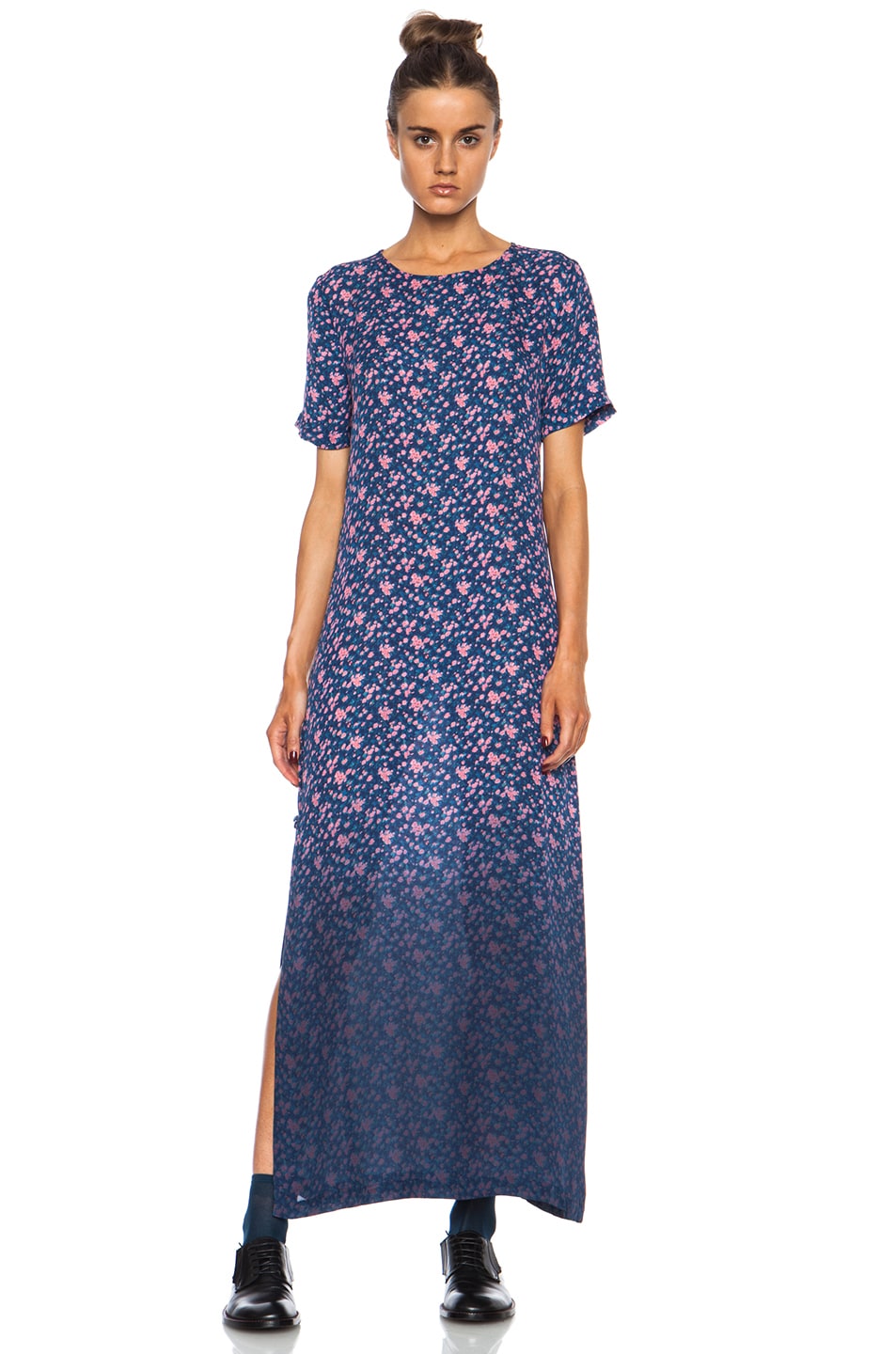 Image 1 of Band of Outsiders Dip Dyed Mini Rose T-Shirt Silk Gown in Blue & Pink