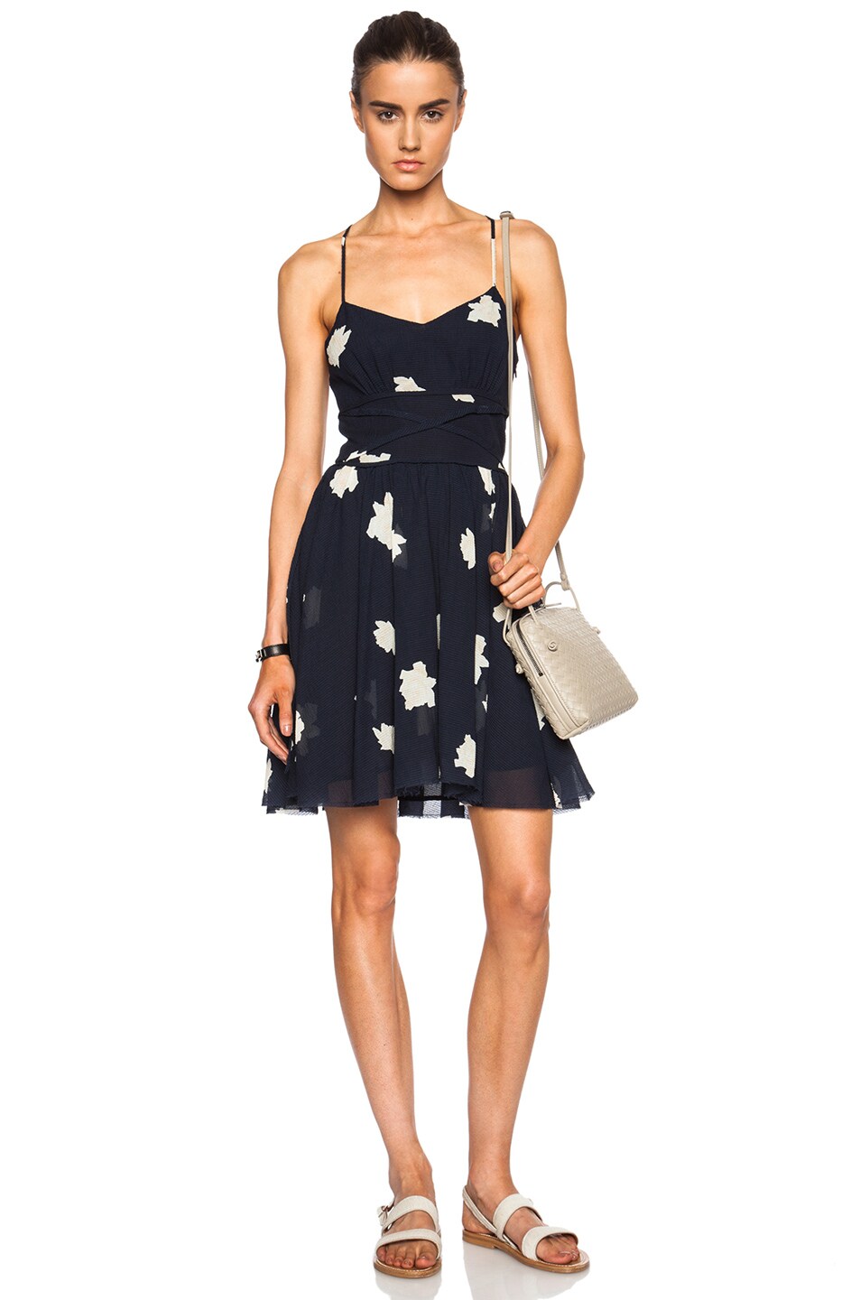 Image 1 of Band of Outsiders Rose Print Slip Silk-Blend Dress with Criss Cross Waist in Classic Navy