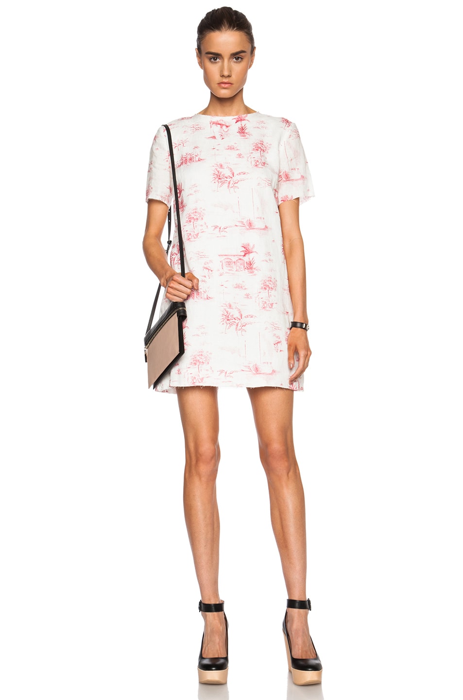 Image 1 of Band of Outsiders Tropical Print Linen T Shirt Dress in Ivory