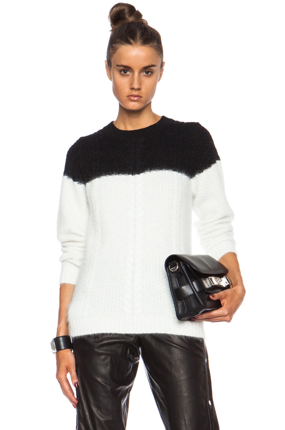Image 1 of Band of Outsiders Drowning Cable Crewnck Angora-Blend Sweater in Black & White