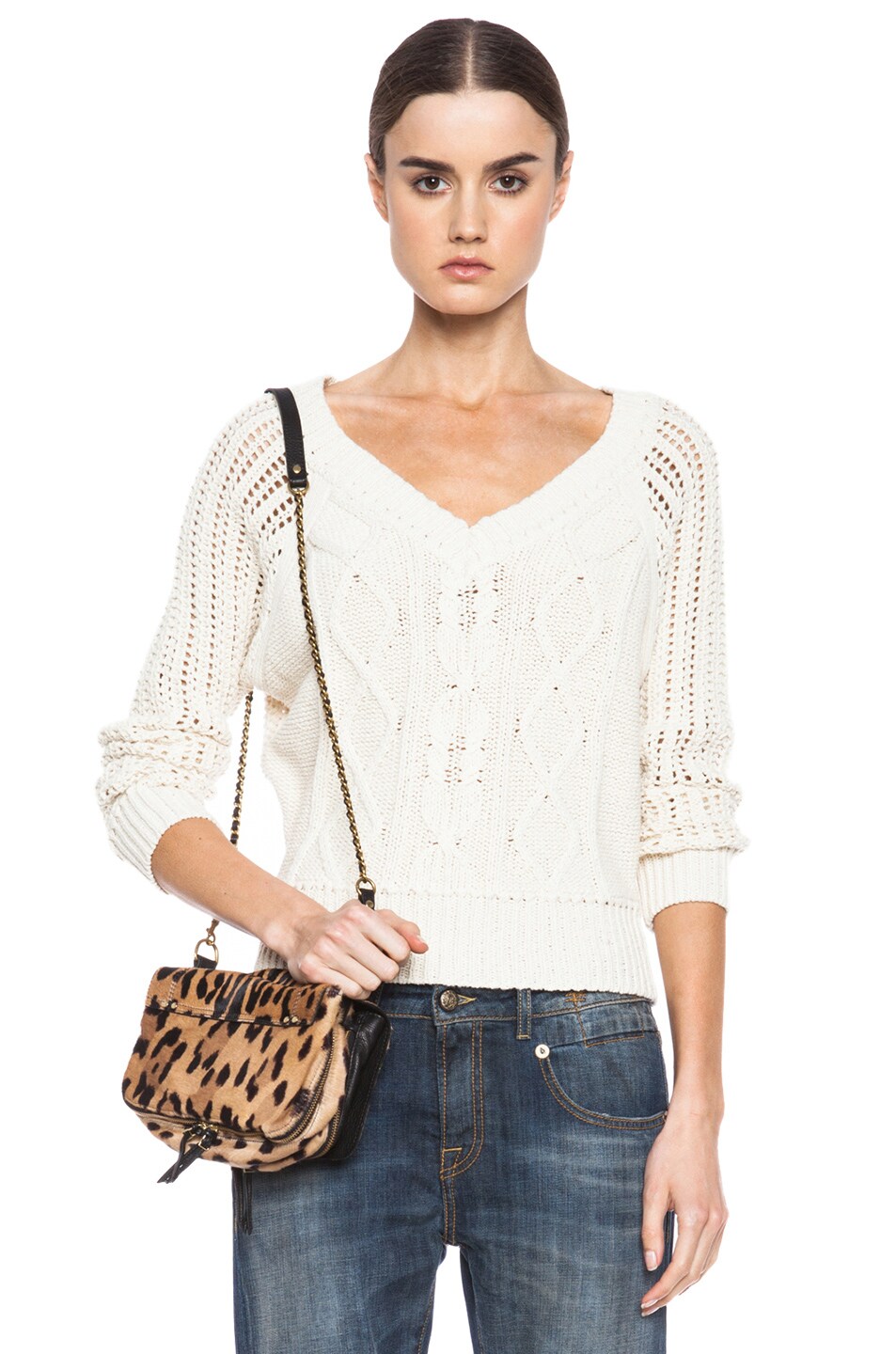 Image 1 of Band of Outsiders V-Neck Cable Knit Tennis Sweater in Ivory