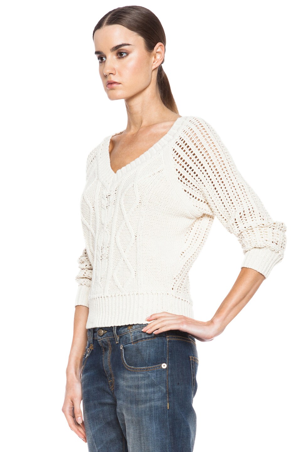 Band of Outsiders V-Neck Cable Knit Tennis Sweater in Ivory | FWRD