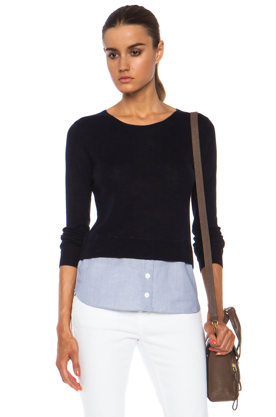 Image 1 of Band of Outsiders Cashmere Crewneck Silk-Blend Sweater with Shirttail in Navy