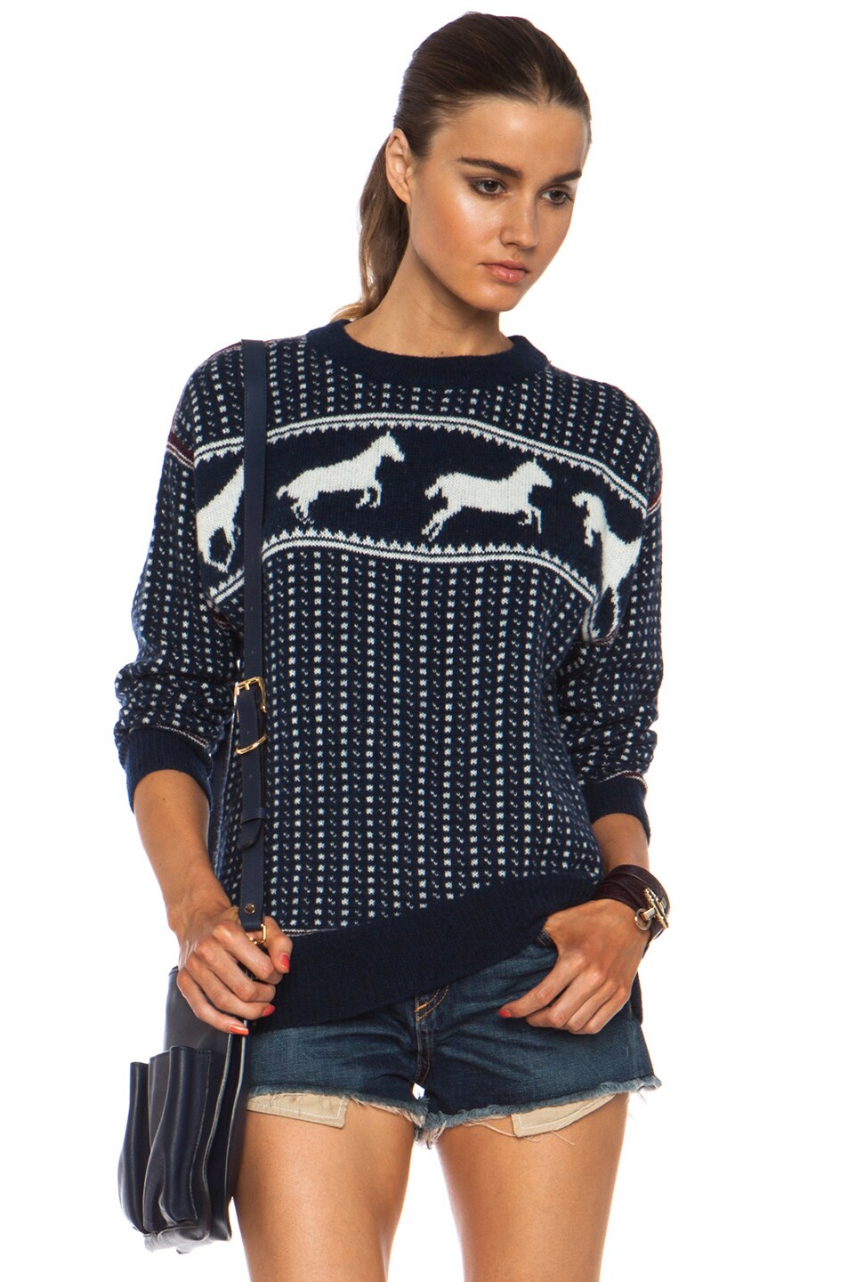 Image 1 of Band of Outsiders Fair Isle Horses Merino Wool-Blend Sweater in Navy