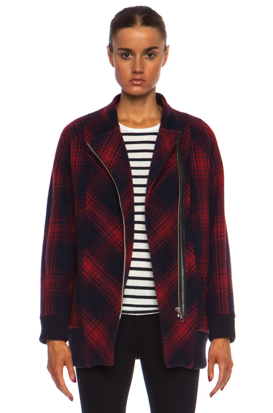 Image 1 of Band of Outsiders Plaid Wool Cacoon Coat in Red & Navy